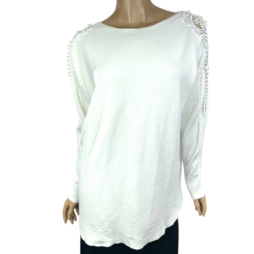 SIRENLILY White Sweater Women Sz PXL Rhinestone Embroidery Dolman Long Sleeves
